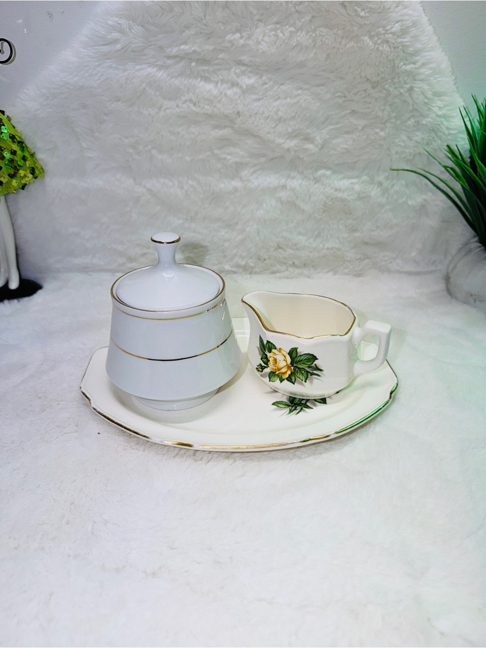 Gold Trimmed Porcelain Creamer, Sugar Bowl & Small Platter Yellow Rose Accents 🔥